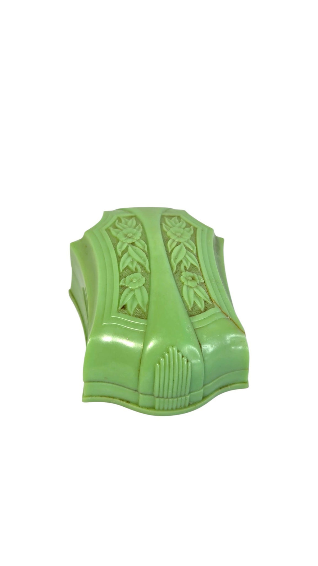 Oddly Darling Vintage Art Deco J.C. Warner jade green celluloid ring box with raised floral lid