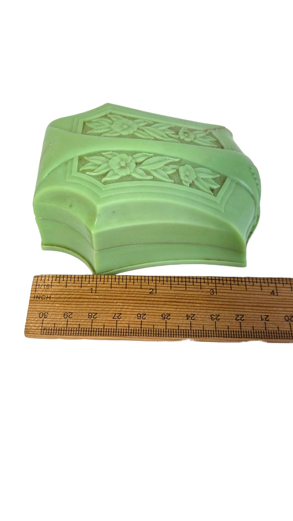 Oddly Darling Vintage jade green celluloid ring box next to a ruler, about 4 inches long