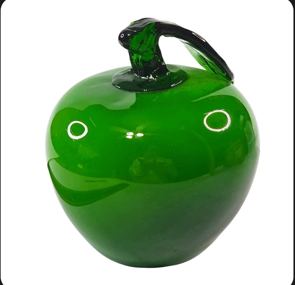 Oddly Darling Vintage hand blown green glass apple paperweight with a dark green stem and polished glossy finish.