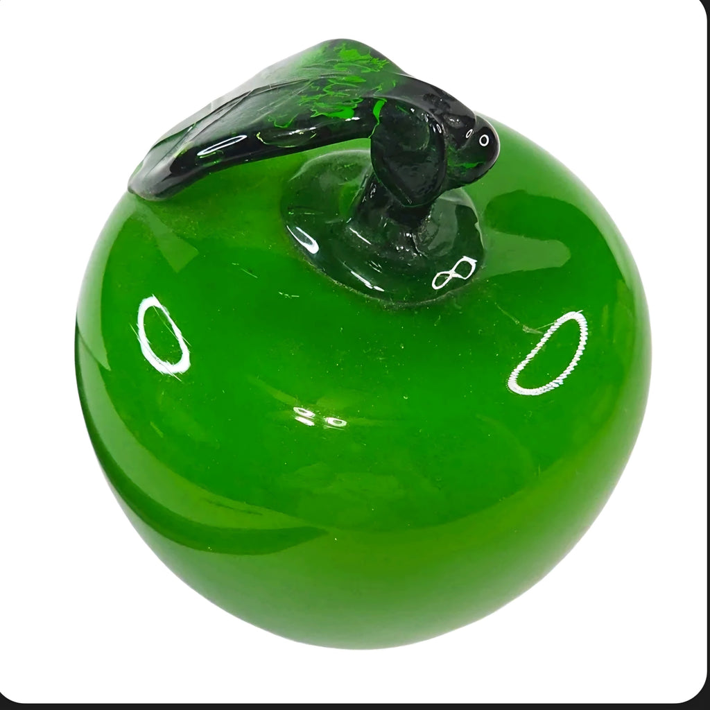 Oddly Darling Vintage hand blown green glass apple paperweight with a dark green stem and leaf detail.