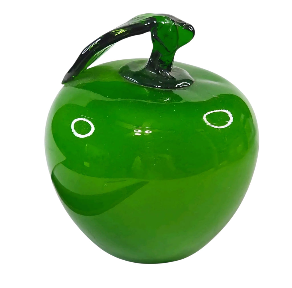 Oddly Darling Vintage hand blown green glass apple paperweight with a dark green stem and leaf detail.