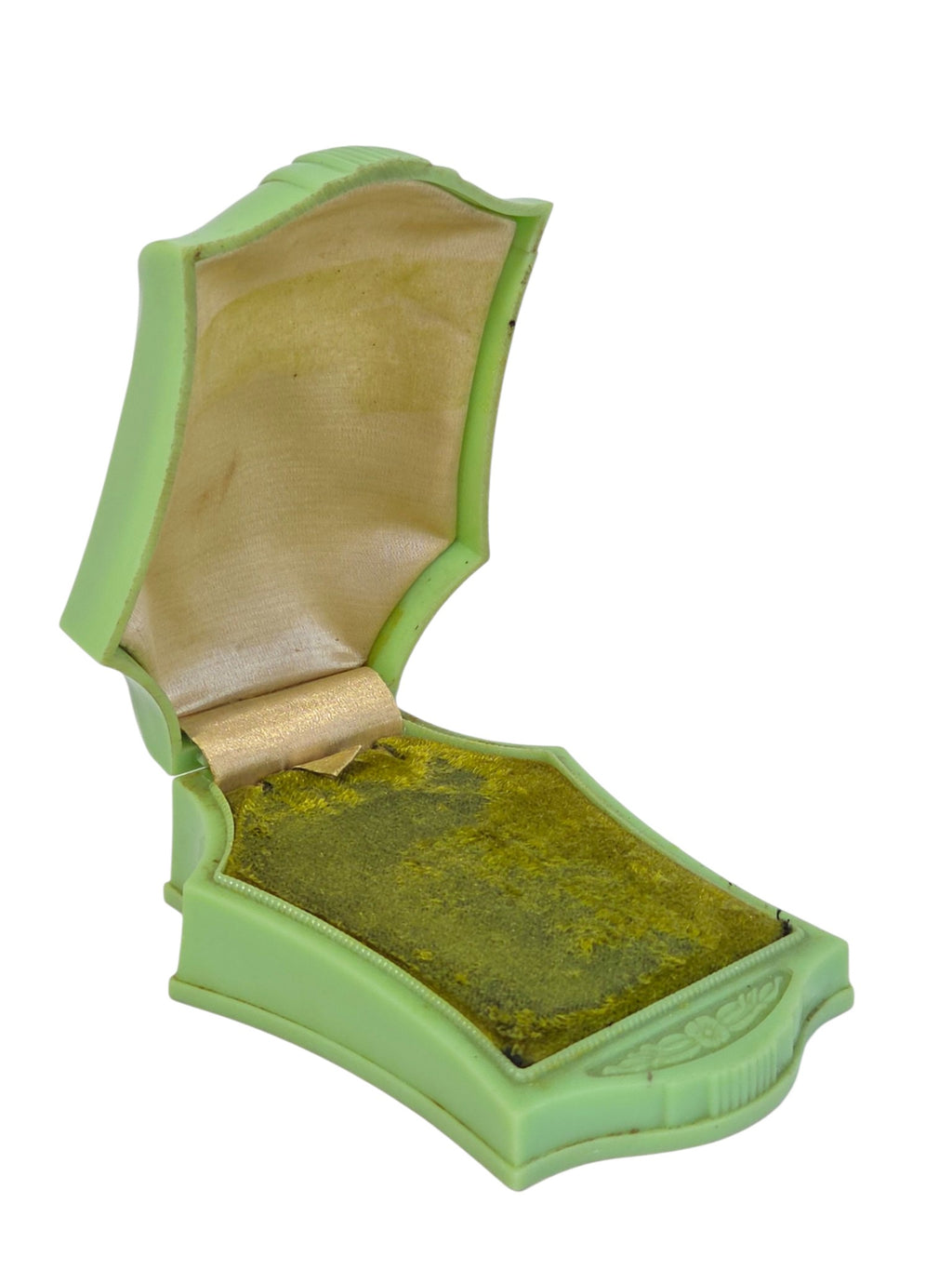 Oddly Darling Vintage Art Deco green celluloid ring box open, showing cream satin lid lining and green velvet ring pad