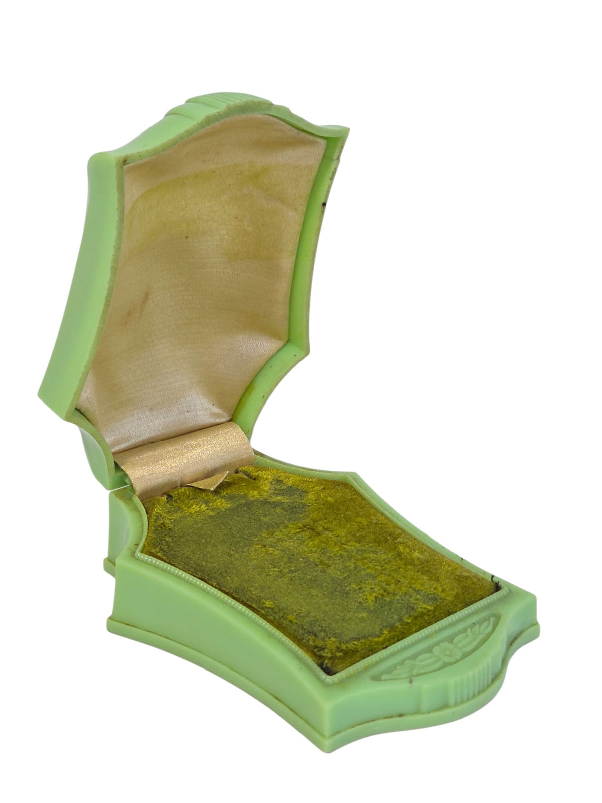 Oddly Darling Vintage Art Deco green celluloid ring box open, showing cream satin lid lining and green velvet ring pad