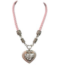 Oddly Darling Vintage heart pendant necklace with silver filigree, pearlescent pink border, and braided light pink cord