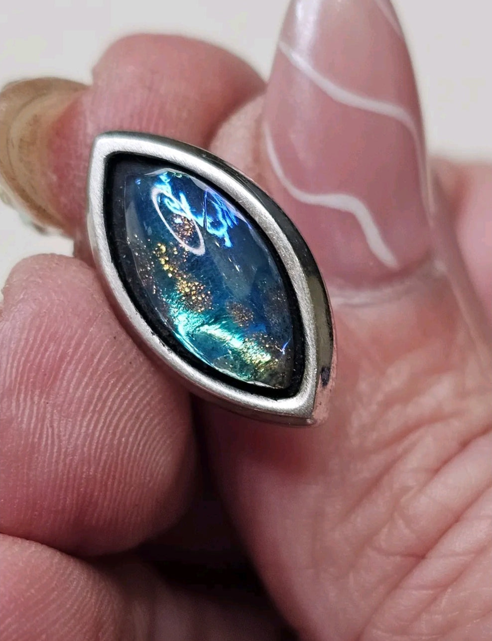 Oddly Darling Vintage HICKOK tie tack featuring a silver-tone marquise stone with iridescent blue and gold flecks