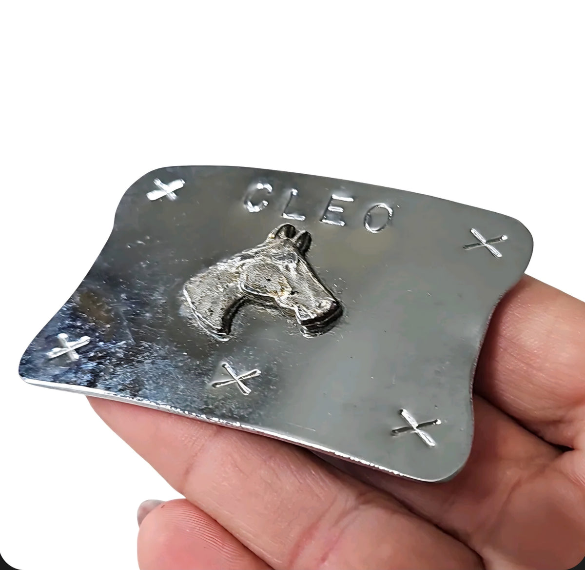Oddly Darling Vintage silver-tone belt buckle featuring a horse head relief and the name CLEO with cross-stitch detail