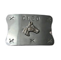 Oddly Darling Vintage silver-tone belt buckle featuring a horse head relief and the name CLEO with cross-stitch details.