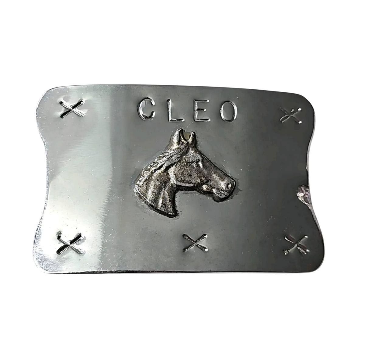 Oddly Darling Vintage silver-tone belt buckle featuring a horse head relief and the name CLEO with cross-stitch details.