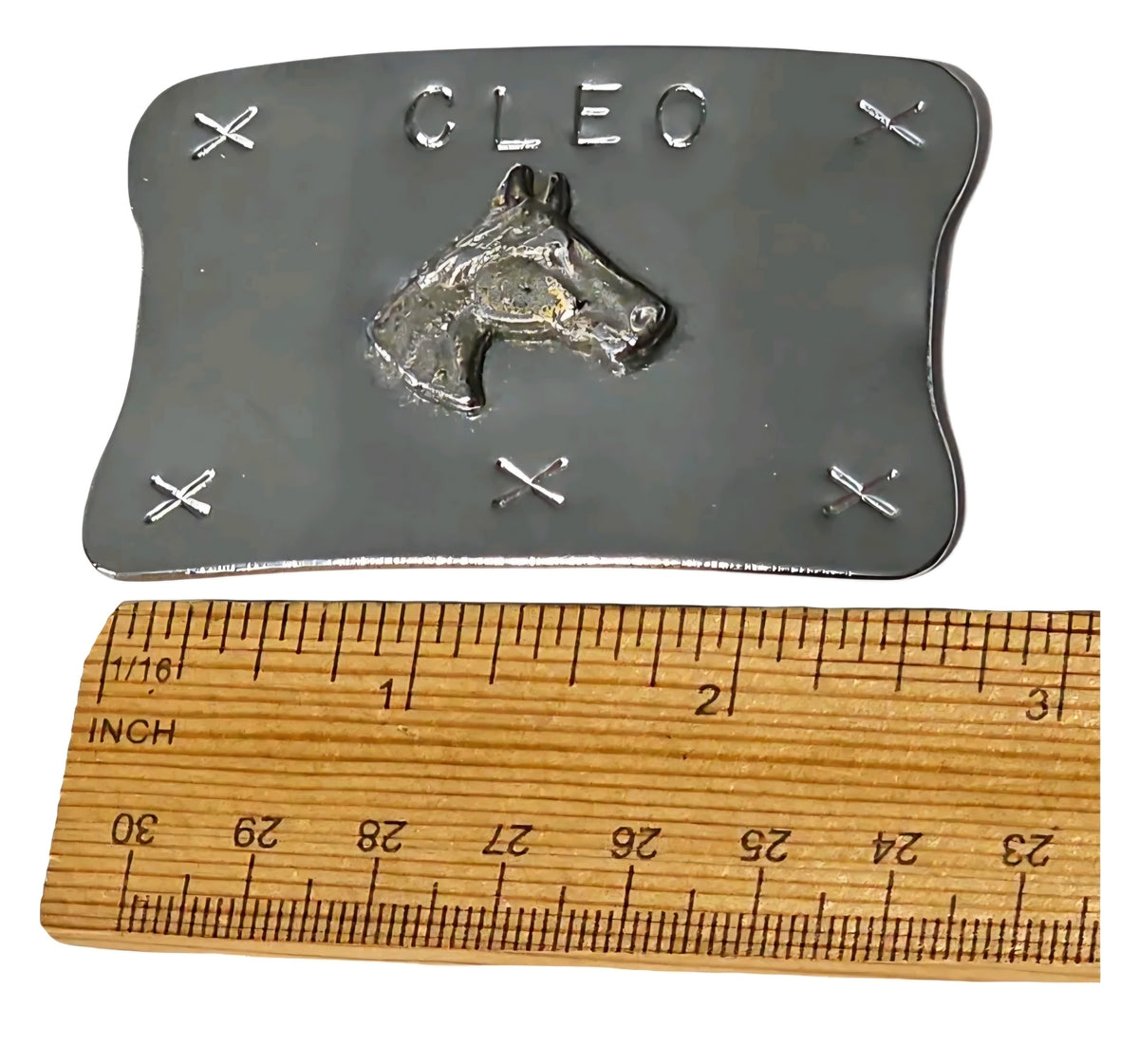 Oddly Darling Vintage silver-tone belt buckle featuring a horse head relief and the name CLEO with cross-stitch detail.