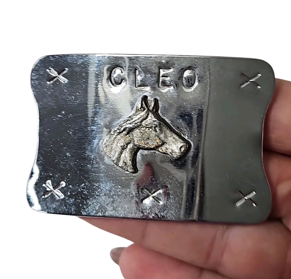 Oddly Darling Vintage silver-tone belt buckle featuring a horse head relief and the name CLEO with cross-stitch detail