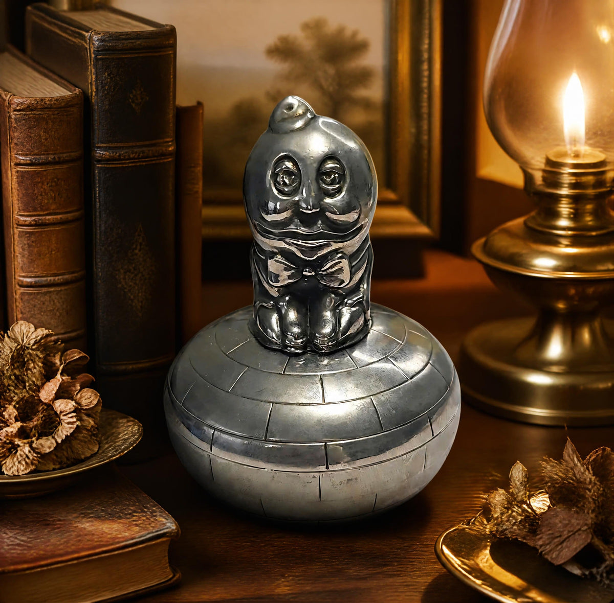 Oddly Darling Vintage silver Humpty Dumpty trinket box with a brick-patterned base and blue velvet interior lining.