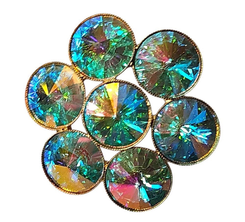 Oddly Darling Vintage floral cluster brooch with iridescent teal and gold crystals in a polished gold-tone setting.