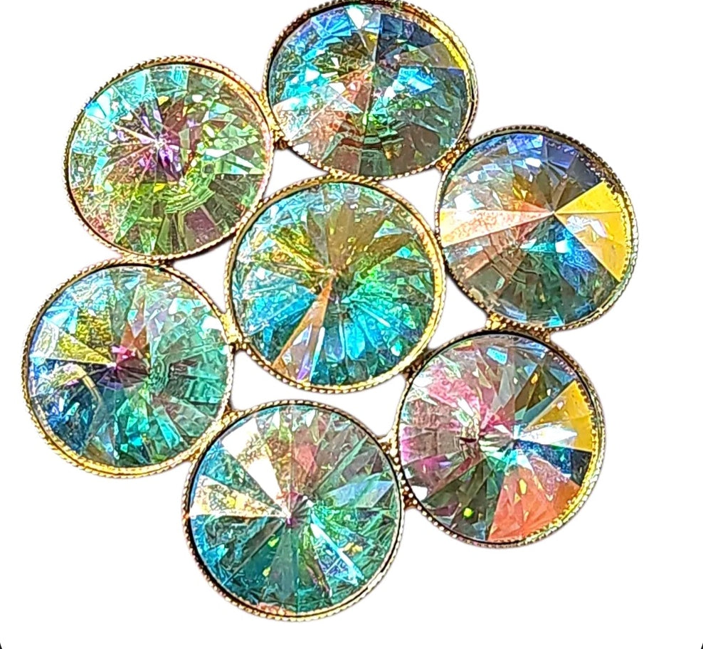 Oddly Darling Vintage floral cluster brooch with iridescent teal and gold crystals in a polished gold-tone setting.