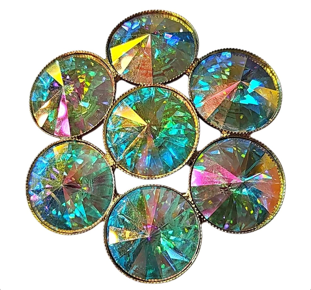 Oddly Darling Vintage floral cluster brooch with iridescent teal and gold crystals in a polished gold-tone setting.