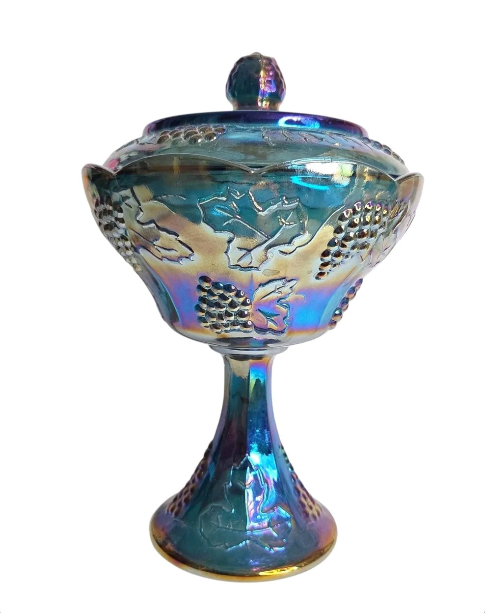 Oddly Darling Vintage iridescent blue carnival glass pedestal candy dish with embossed grape and vine motif and lid