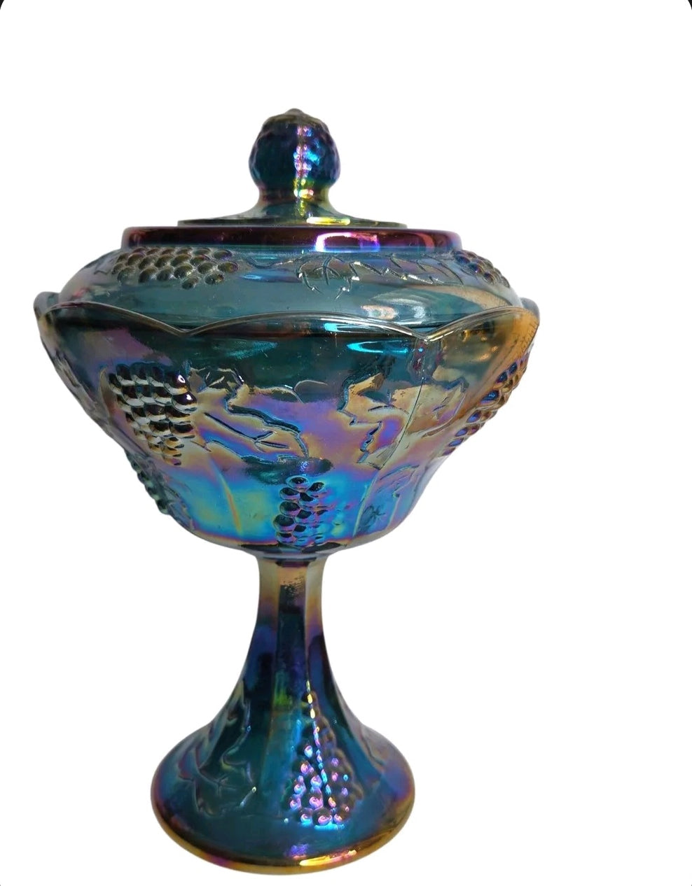 Oddly Darling Vintage iridescent blue carnival glass pedestal candy dish with embossed grape and vine motif and lid