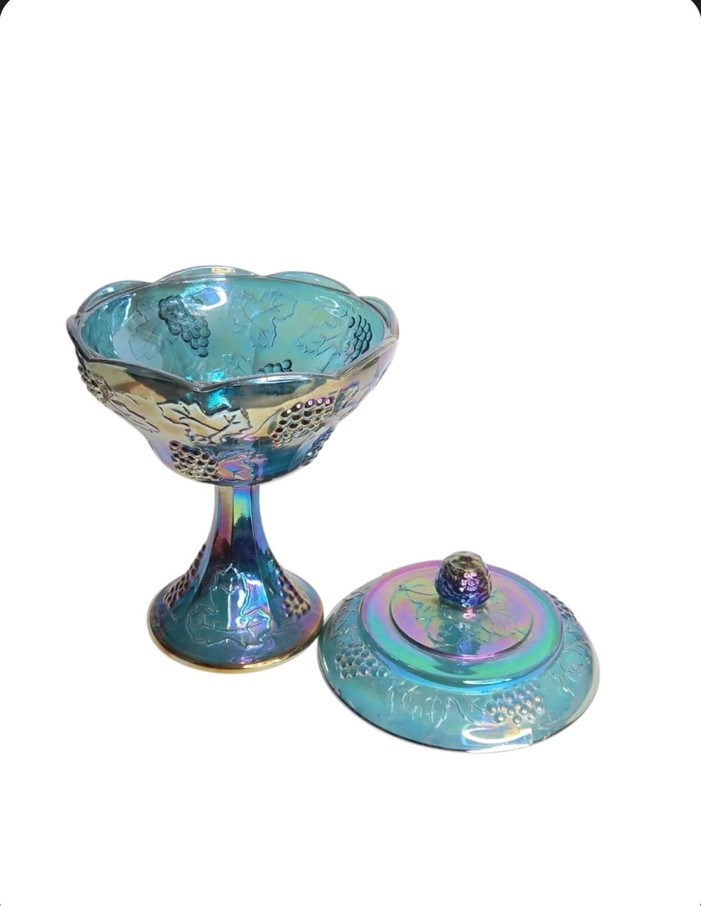 Oddly Darling Vintage iridescent blue carnival glass pedestal candy dish with lid and embossed grape vine motif.
