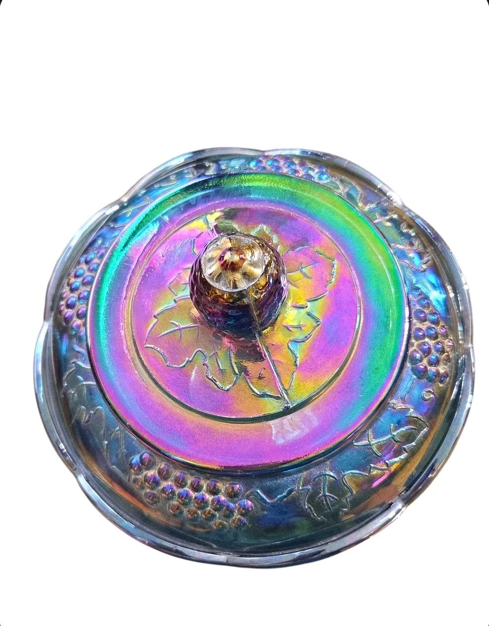 Oddly Darling Vintage iridescent carnival glass candy dish lid with embossed grape and vine motif in blue tones