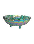 Oddly Darling Vintage iridescent green carnival glass footed bowl with a scalloped edge and embossed grape vine motif.