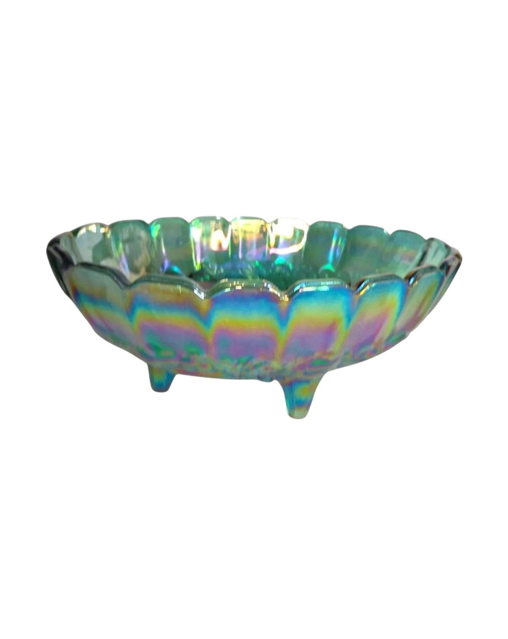 Oddly Darling Vintage iridescent green carnival glass footed bowl with a scalloped edge and embossed grape vine motif.