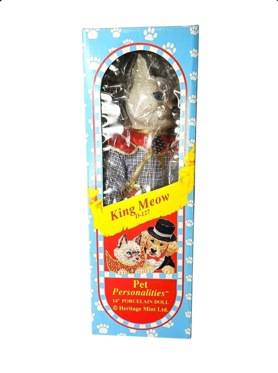 Oddly Darling Vintage King Meow porcelain doll from Heritage Mint in original packaging with royal-inspired outfit.
