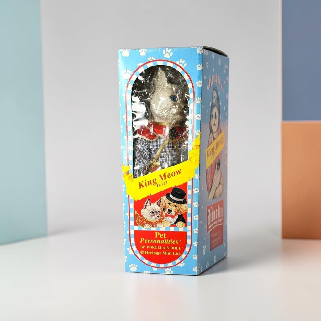 Oddly Darling Vintage Heritage Mint King Meow porcelain doll in original blue box with cat paw print pattern