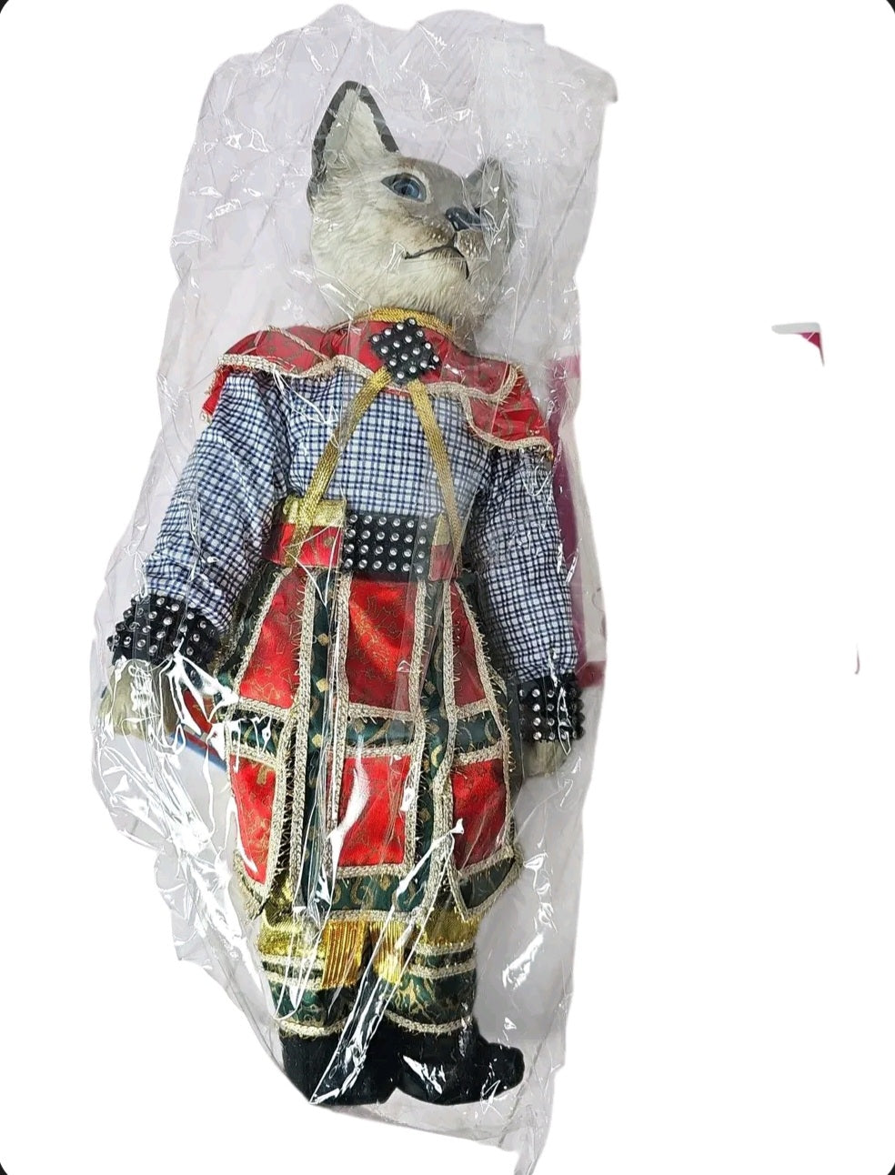 Oddly Darling Vintage King Meow porcelain doll in royal costume, sealed in protective plastic packaging.