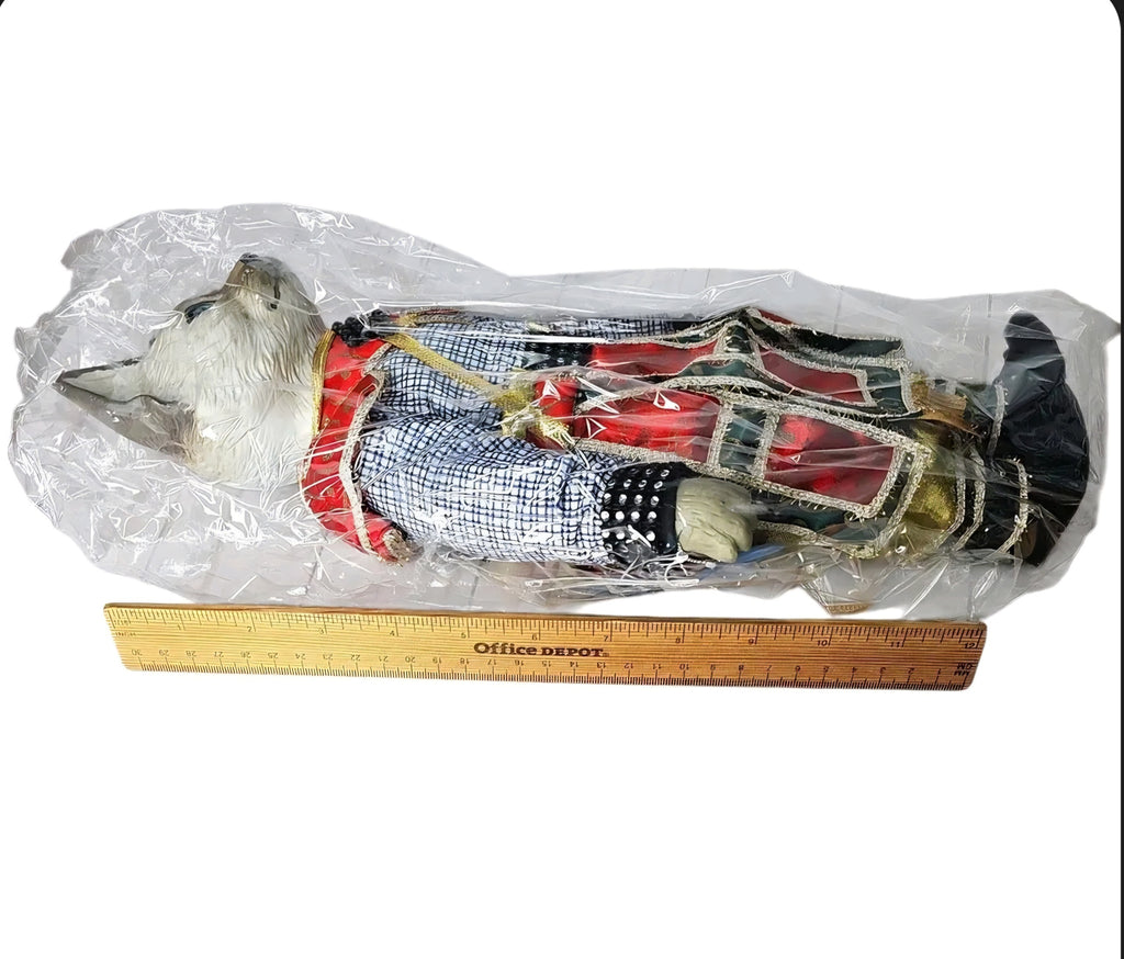 Oddly Darling Vintage King Meow porcelain cat doll in royal costume, sealed in plastic with a ruler for scale.