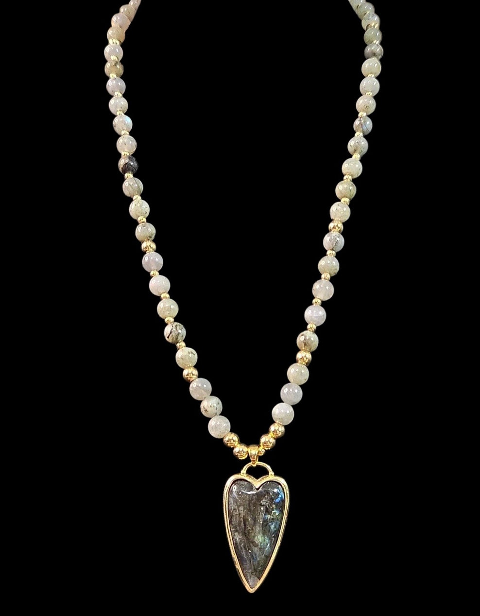 Oddly Darling Vintage beaded necklace featuring iridescent Labradorite beads and a gold-tone heart pendant.