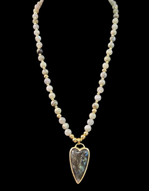 Oddly Darling Vintage beaded necklace featuring iridescent Labradorite beads and a gold-tone heart pendant.