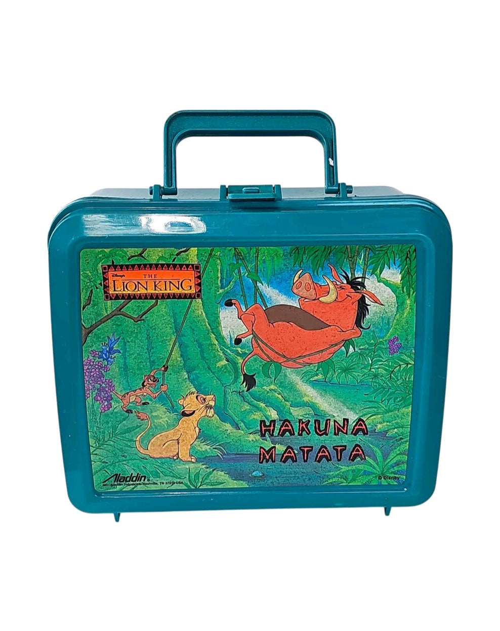 Oddly Darling Vintage teal plastic The Lion King lunchbox featuring Simba, Timon, and Pumbaa with Hakuna Matata text.