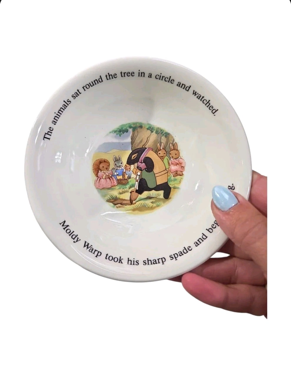 Oddly Darling Vintage Little Grey Rabbit ceramic bowl featuring colorful storybook illustrations and classic text.