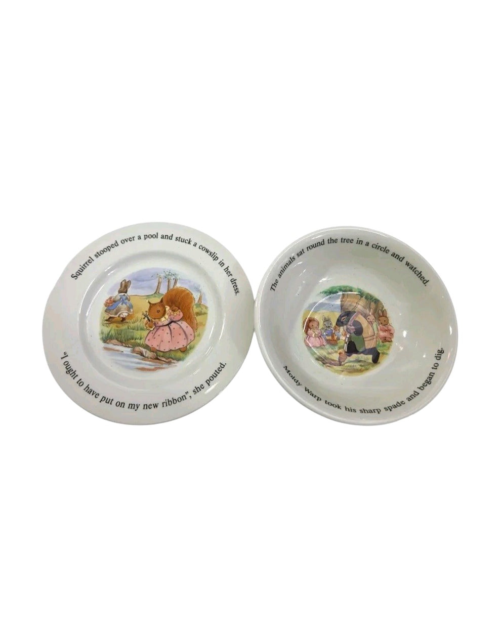 Oddly Darling Vintage Little Grey Rabbit ceramic plate and bowl set with colorful storybook illustrations and text.