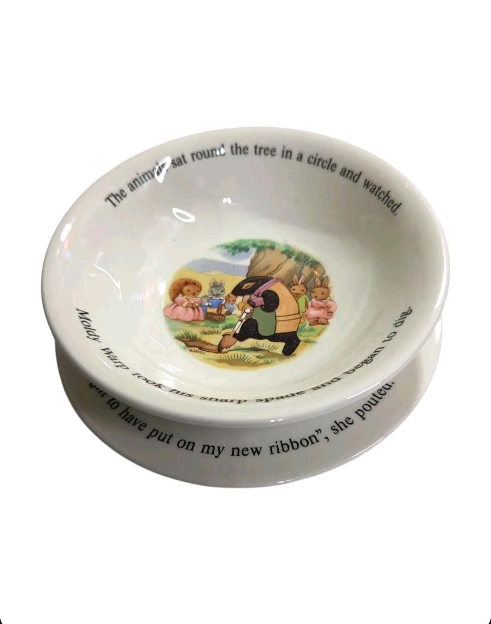 Oddly Darling Vintage Little Grey Rabbit ceramic bowl and plate set with colorful storybook illustrations and text.
