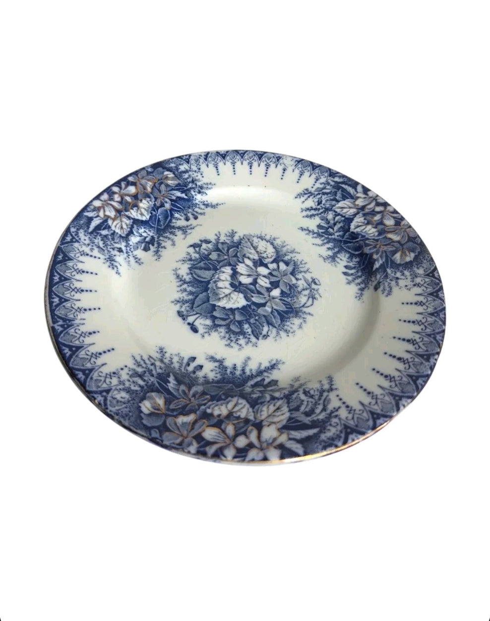 Oddly Darling Vintage Lunéville ceramic plate with blue floral transferware pattern and lace-like border on cream base