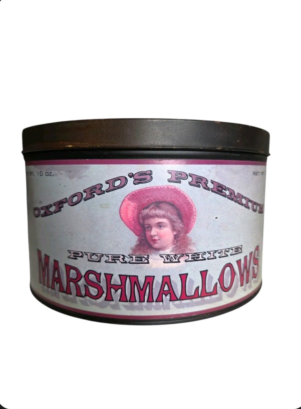 Oddly Darling Vintage decorative metal storage tin featuring a nostalgic Oxford's Premium Marshmallows illustration.