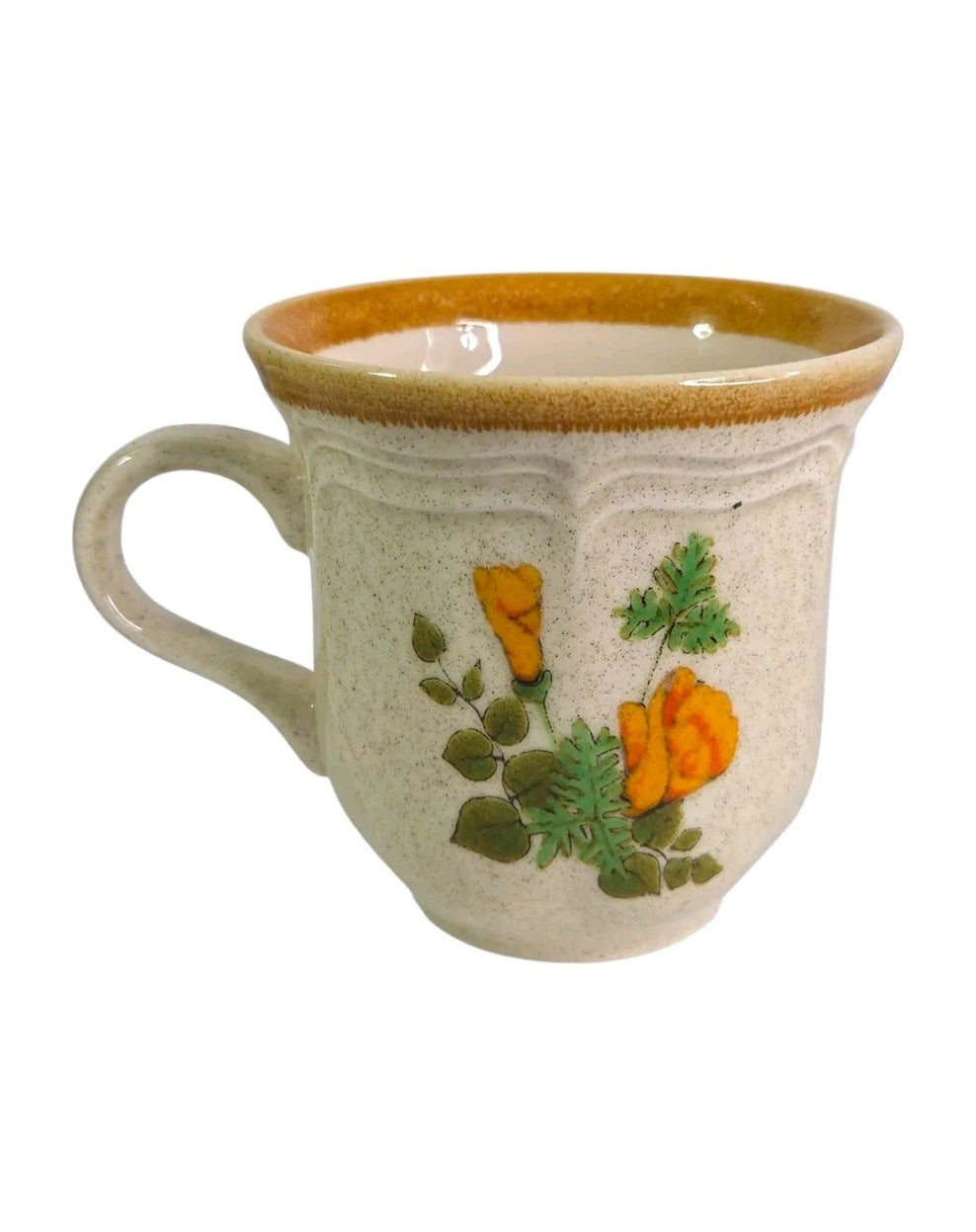 Oddly Darling Vintage Mikasa Garden Club stoneware mug with cream speckled base, brown rim, and orange petunia floral.