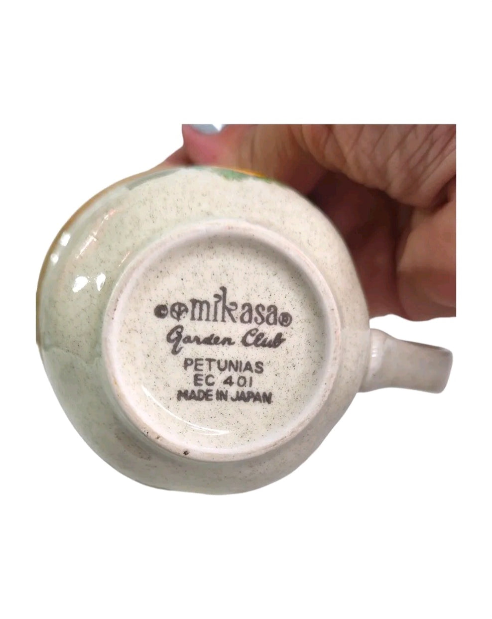 Oddly Darling Vintage Mikasa Garden Club Petunias stoneware mug base with maker mark and Made in Japan stamp