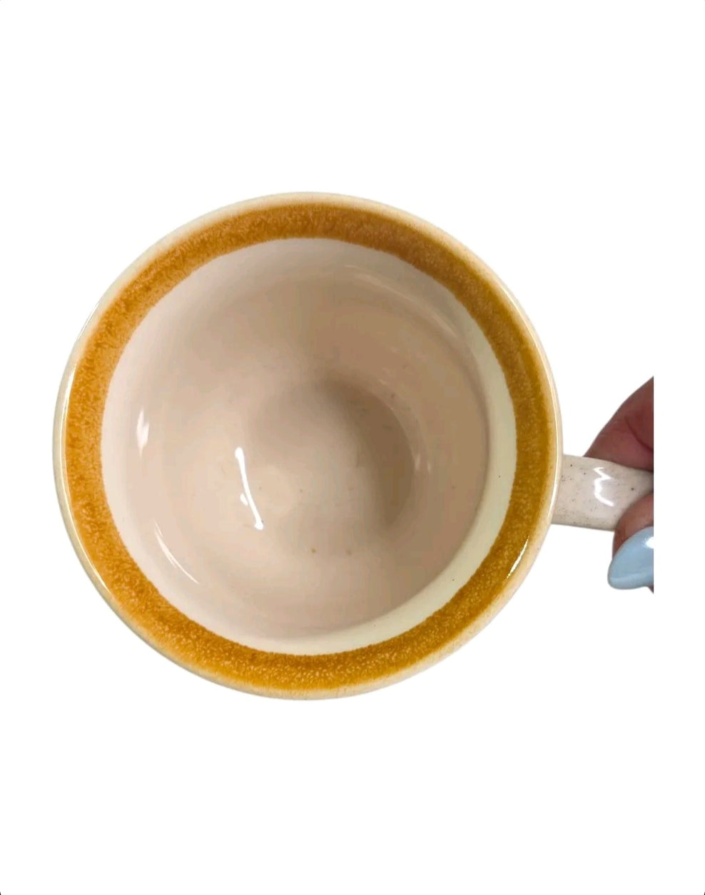 Oddly Darling Vintage Mikasa Garden Club stoneware mug top view showing cream speckled interior and honey-brown rim