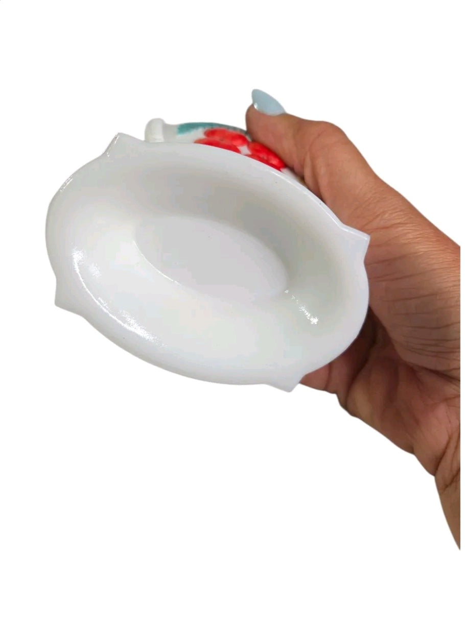 Oddly Darling Vintage white milk glass creamer base with scalloped edges and hand-painted fruit motif