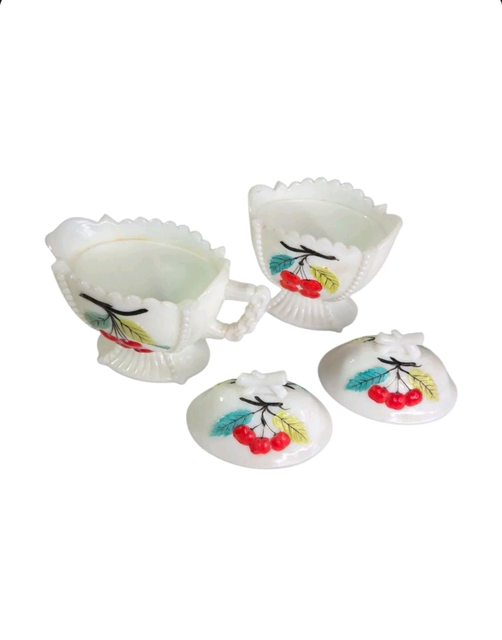 Oddly Darling Vintage white milk glass creamer and sugar bowl set with hand-painted cherry motif and beaded edges.