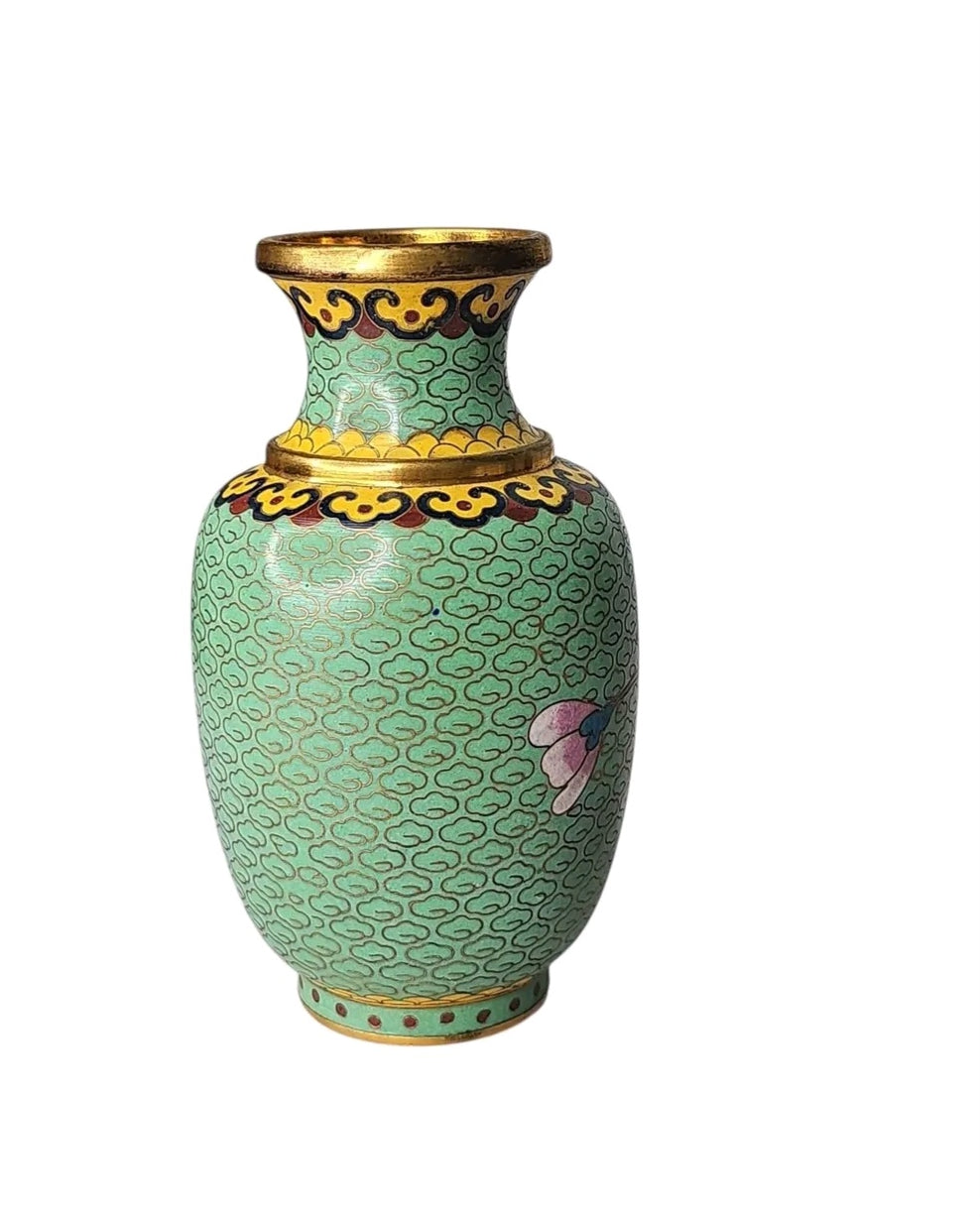 Oddly Darling Vintage mint green cloisonne vase with intricate floral patterns and gold-toned rim detailing.