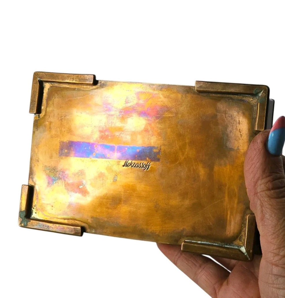 Oddly Darling Vintage Nekrassoff keepsake box base showing the signature mark on the aged copper metal surface