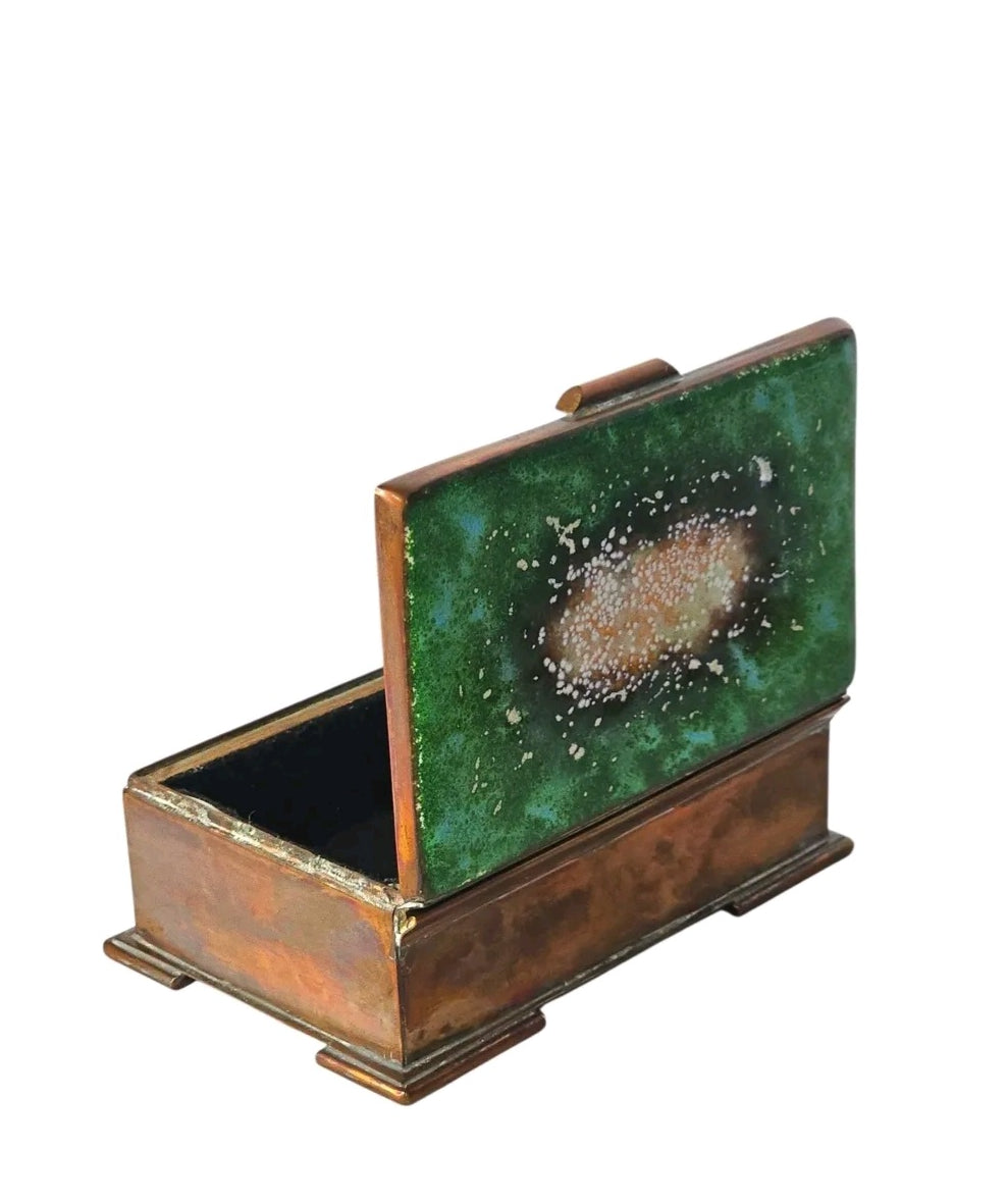 Oddly Darling Vintage Nekrassoff copper trinket box with a vibrant emerald green and textured enamel lid.