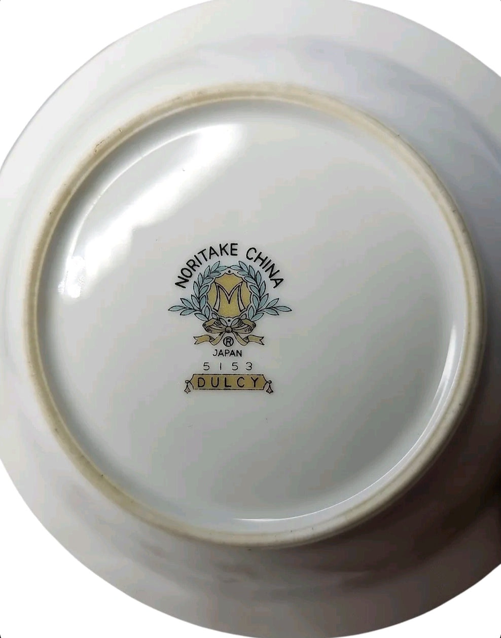 Oddly Darling Vintage Noritake Dulcy 5153 porcelain dinnerware maker mark on the underside of a white china plate