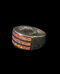Oddly Darling Vintage wide band ring featuring three horizontal channels of iridescent multi-colored opal inlay.