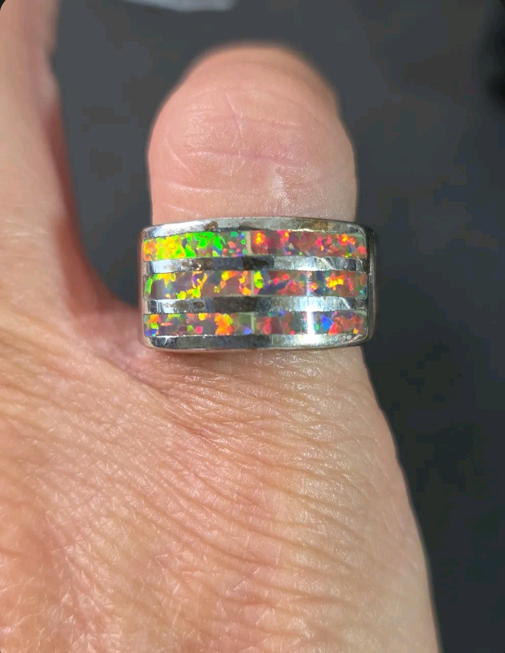 Oddly Darling Vintage wide silver-tone band ring featuring three horizontal channels of iridescent multi-colored opal.