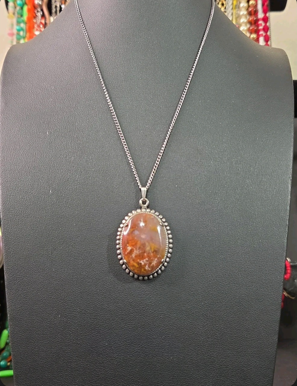 Oddly Darling Vintage oval agate pendant necklace with a beaded silver-tone frame on a delicate chain