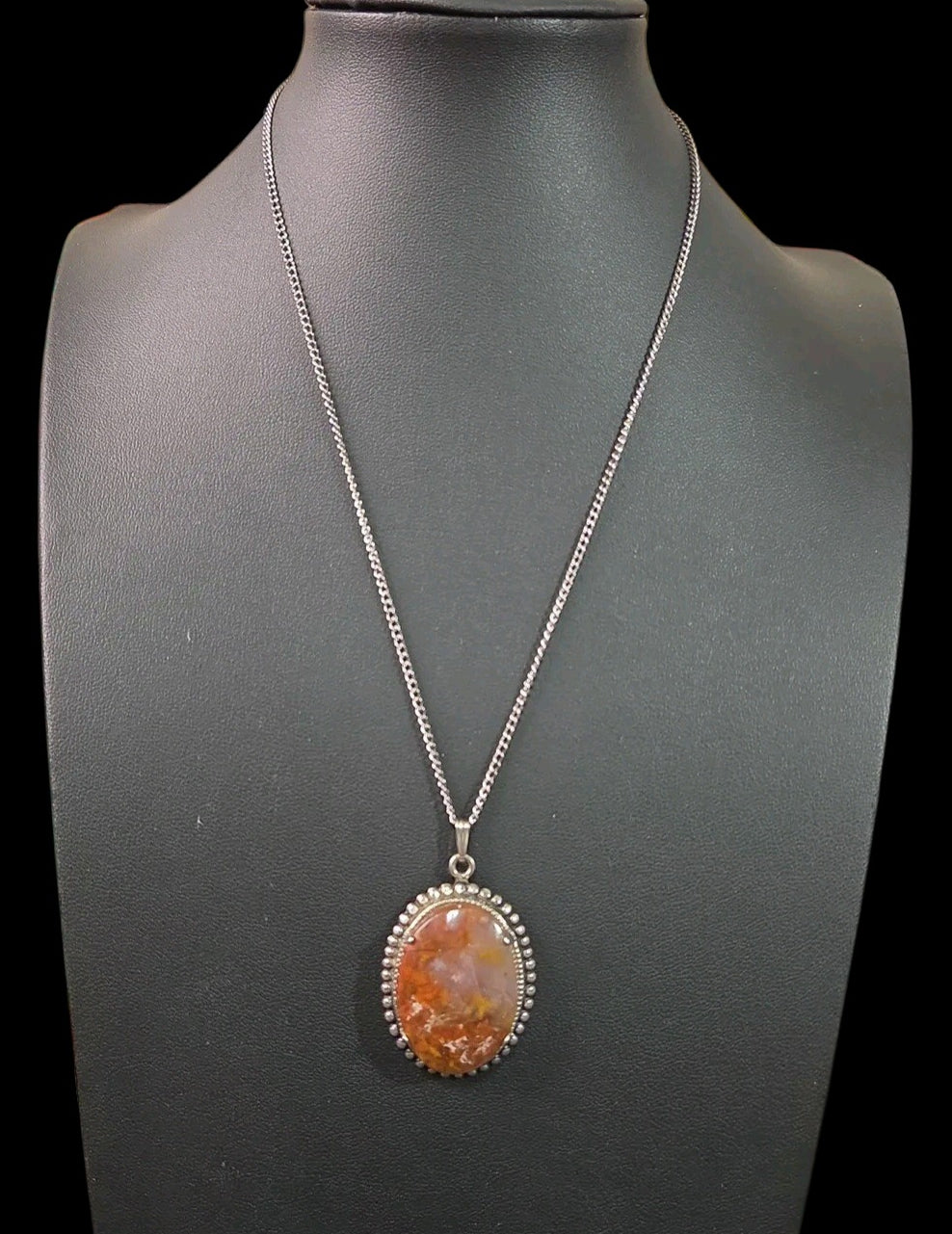 Oddly Darling Vintage oval agate pendant necklace with a silver-tone beaded frame on a delicate chain.