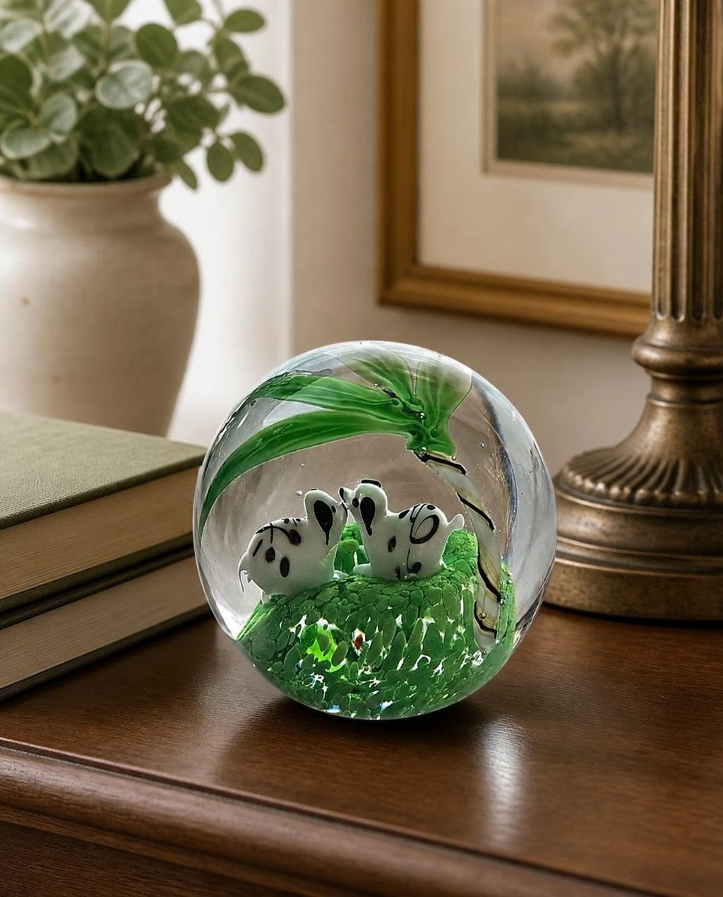 Oddly Darling Vintage Glass paperweight with two dogs and palm tree scene